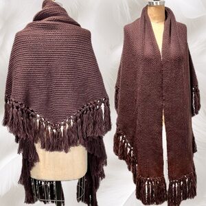 VINTAGE earthy brown knit sweater cape‎ shawl blanket wrap fringe boho hippie